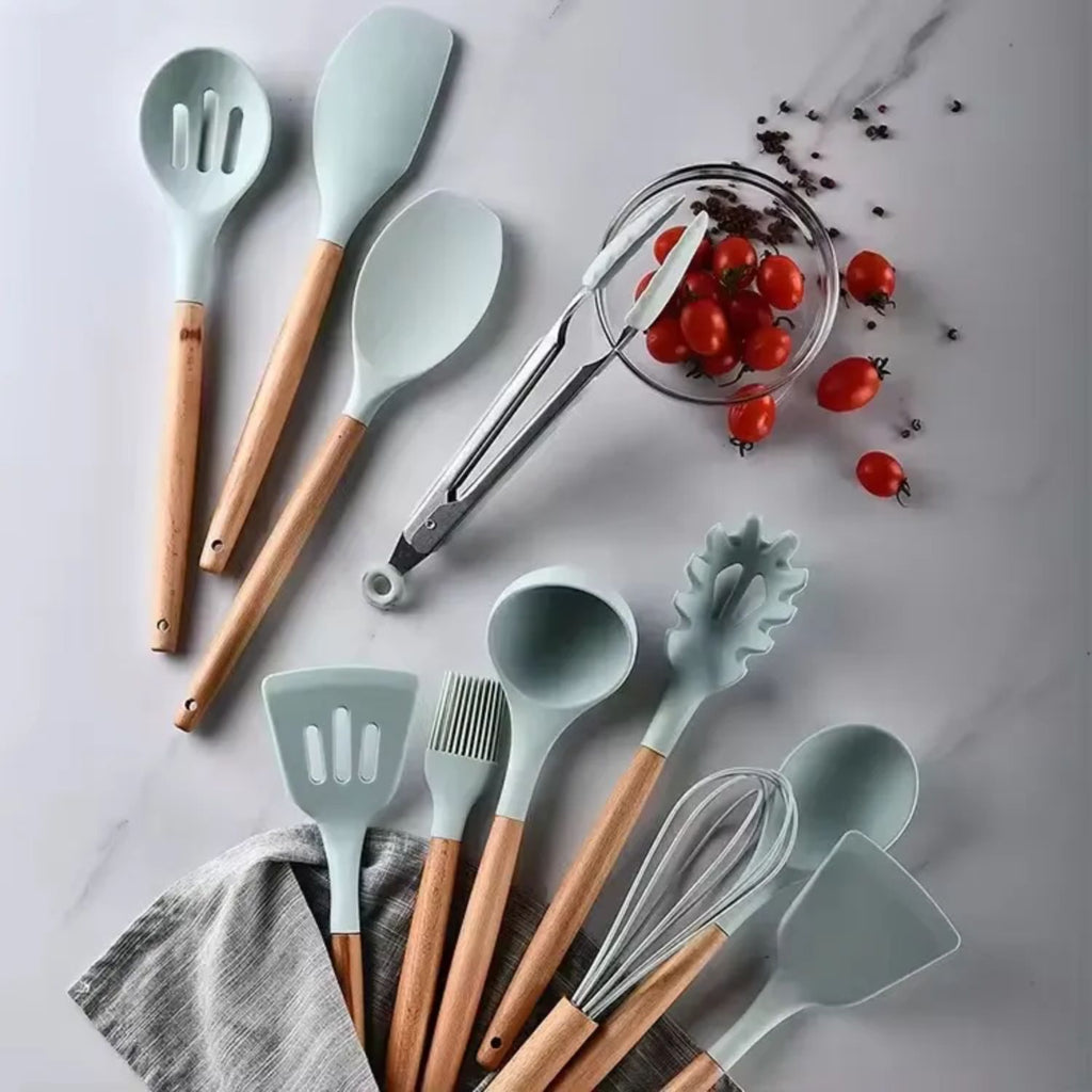 Set 12 Utensilios Cocina Silicona Y Madera